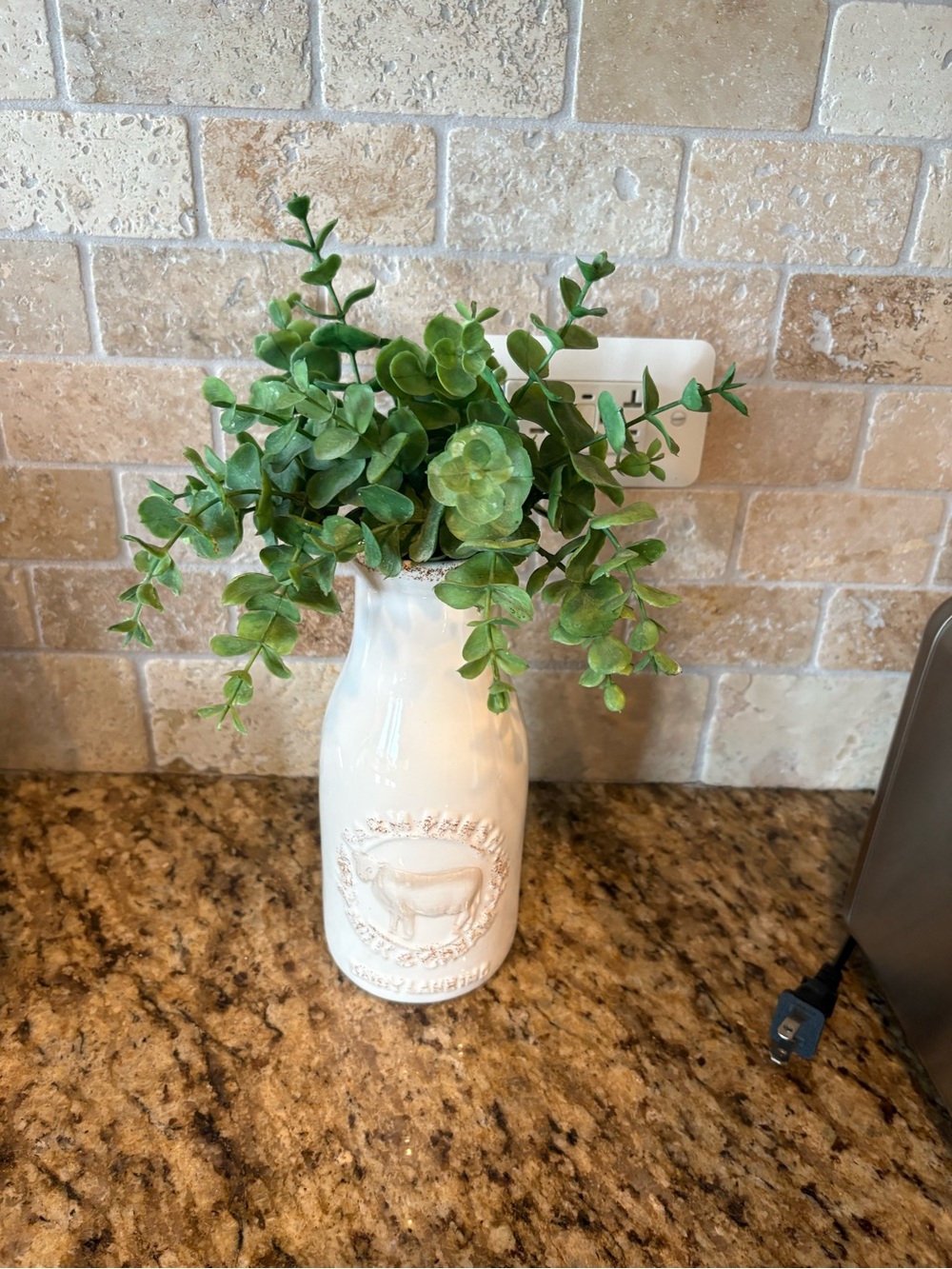 White Ceramic Farmhouse Vase with Faux Greenery - Decorative Home Accent